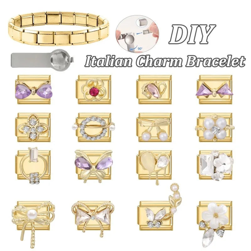 Premium Gold Color Zircon Bowknot Italian Charm Bracelet Stainless Steel Elastic Bracelet Link Bangle DIY Women Men Jewelry Gift