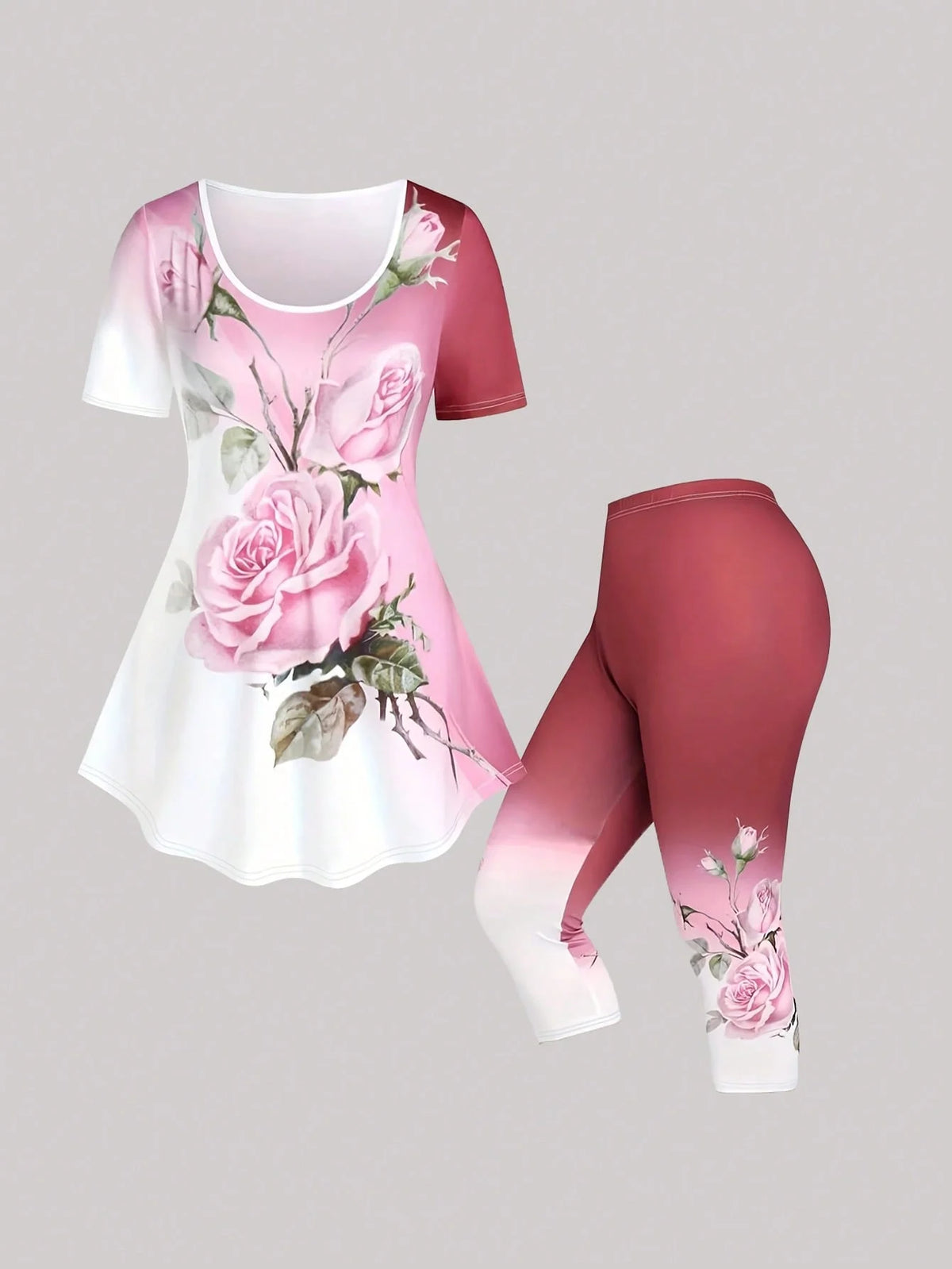 Plus Size Floral Print Two-piece Set, Crew Neck Short Sleeve Top & Skinny Capri Pants Outfits, Women's Plus Size Clothing