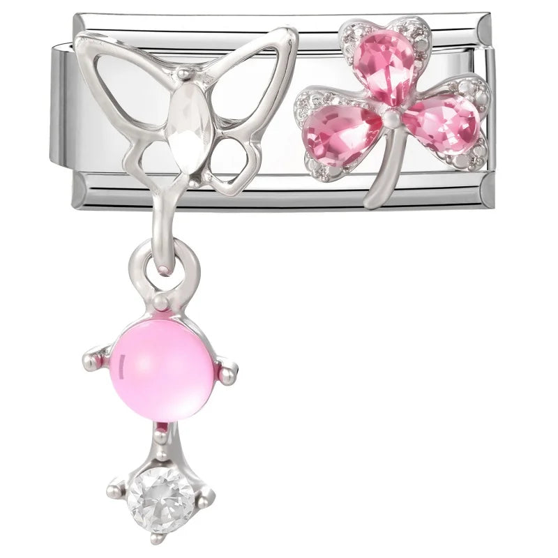 Y2K Zircon Bow Knot Water Drop Pink Zircon Doughnut Heart Italian Charm Links Fit 9MM Stainless Steel Bracelet Women DIY Making