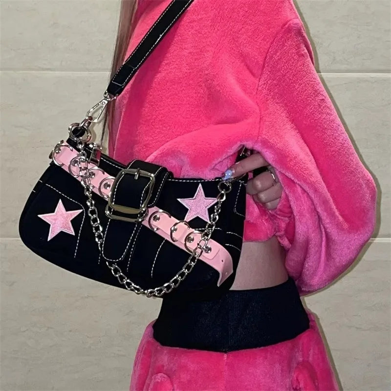 Fashion Women's Handbags Denim Stars Pattern Cool Girls Y2K Underarm Bag Canvas Female Small Shoulder Bags Chain Tote Bag Ins