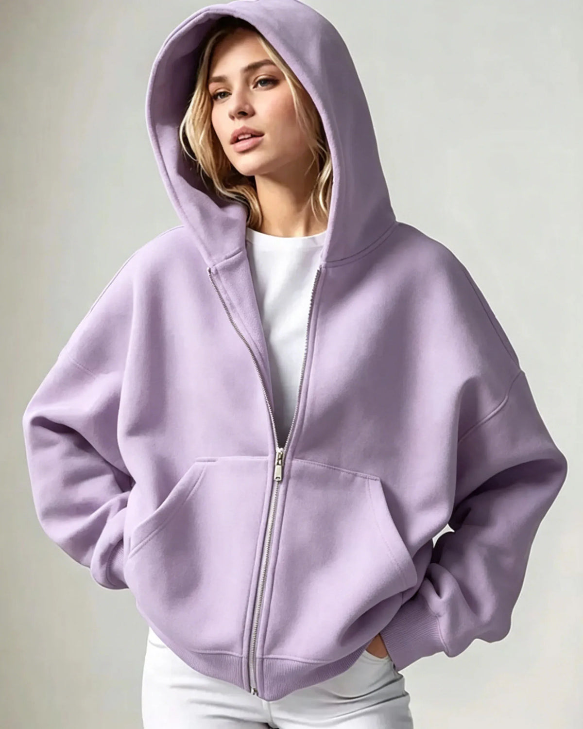 2026 Women Solid Full Zip Up Hoodie Casual Loose Pocket Hooded Jacket Soft Long Sleeve Sweatshirt Autumn Winter Couple Outerwear