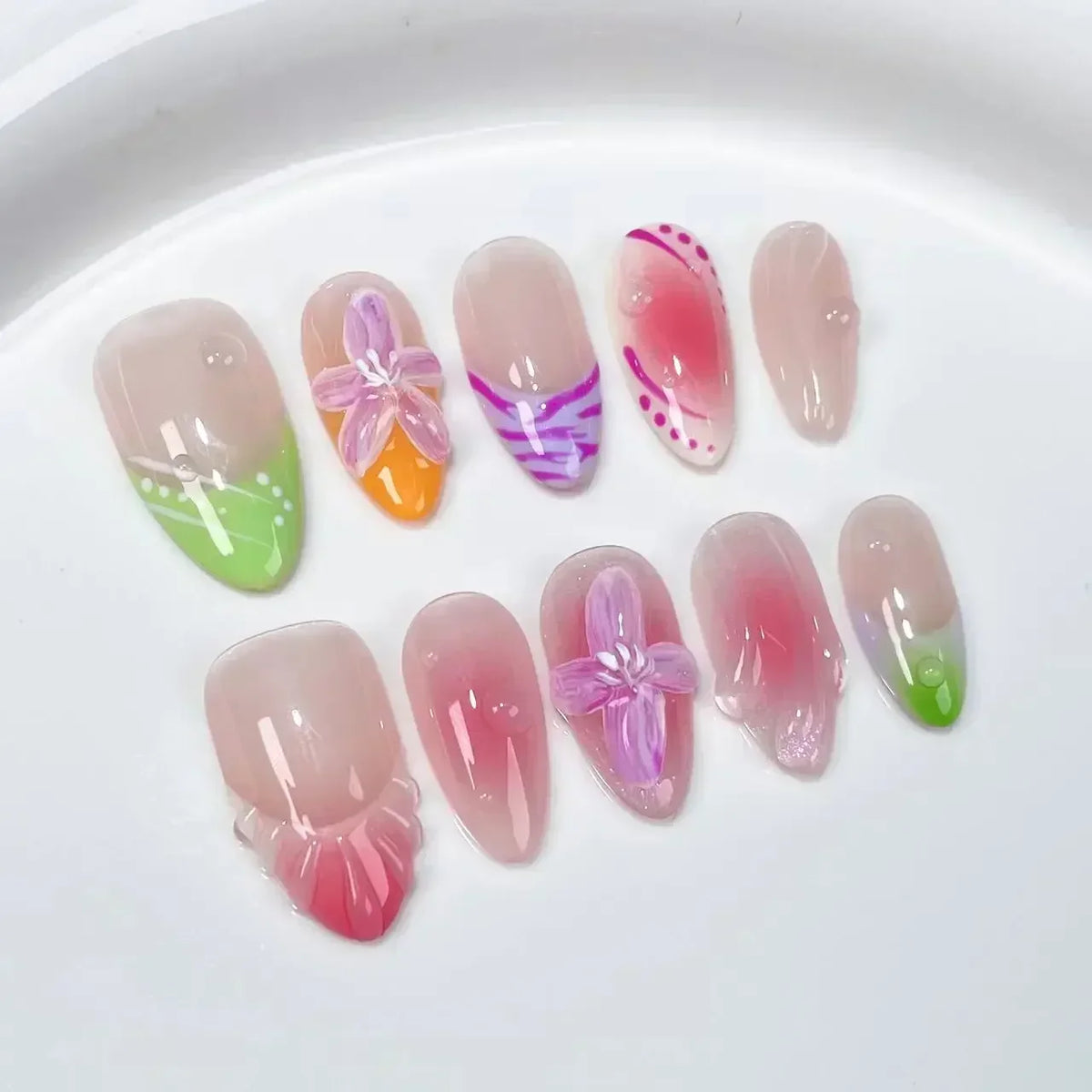 10Pcs Handmade Press On Nails Summer Fruits Full Cover Colorful 3D Design French Almond False Nails Wearable Manicure Nail Tips