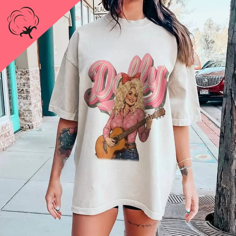 Dolly Parton T-shirt Pure Cotton Pink Country Music Cowboy Girl Pattern T-shirt    Casual couple streetwear shirts for women