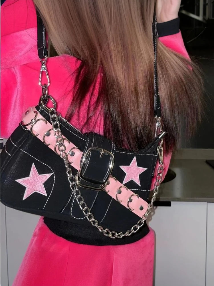 Fashion Women's Handbags Denim Stars Pattern Cool Girls Y2K Underarm Bag Canvas Female Small Shoulder Bags Chain Tote Bag Ins