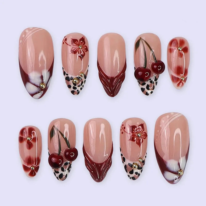 24pcs Pink Flower Almond Press on Nails Kawaii False Nails Wearable Stick-on Nails Fake Nail Uñas Postizas Накладные Ногти 네일팁