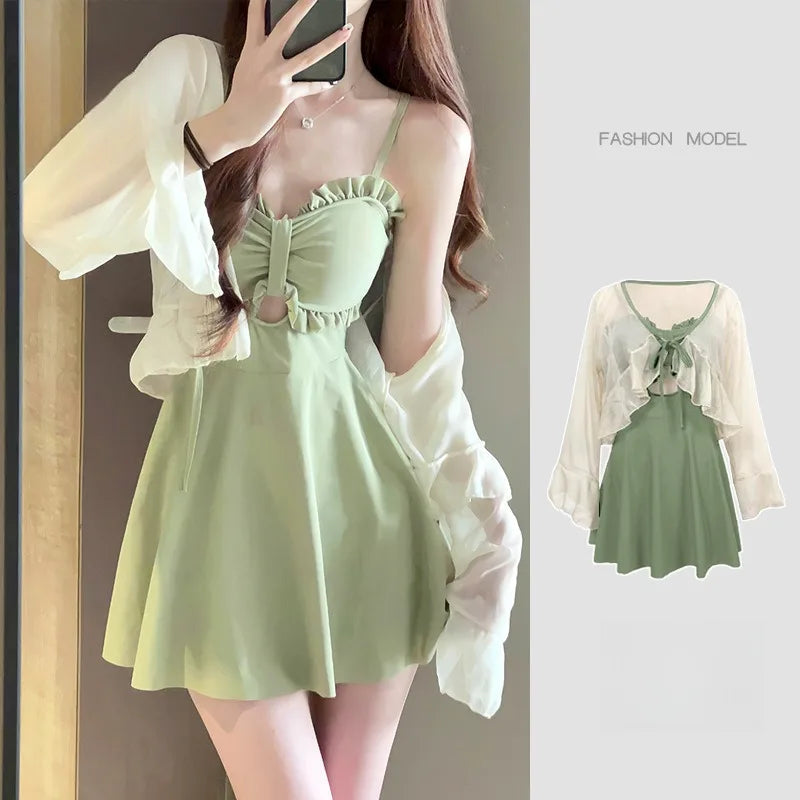 Swimsuit Women's 2025 New Summer One-piece Thin Conservative Skirt Avocado Green High-end Sensual Hot Spring Swimsuit