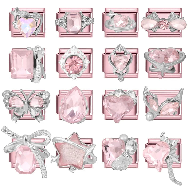 Fashion Pink Dreamy Crystal Butterfly Bow Heart Star Shell Star Charm Fit 9mm Stainless Steel Bracelet Women DIY Making Jewelry