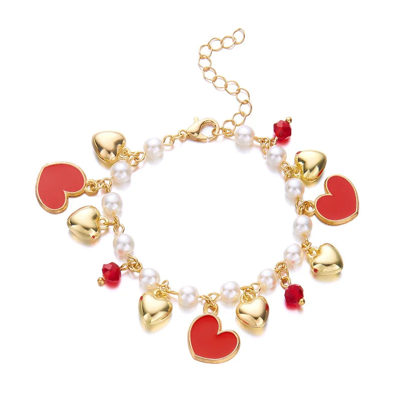 Charm Red Strawberry Bracelet For Women Cute Cherry Heart Shape Fruit Pearl Metal Chain Wristband Party Friendship Jewelry