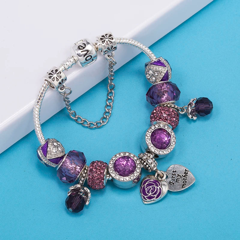Romantic First My Mother Charm Bracelet For Women With Crystal DIY Beads Pendants Bracelets Fashion Jewelry Gift Dropshipping