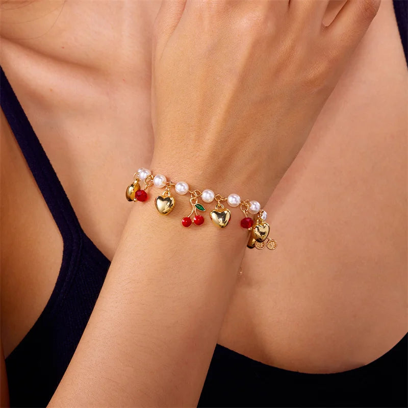 Charm Red Strawberry Bracelet For Women Cute Cherry Heart Shape Fruit Pearl Metal Chain Wristband Party Friendship Jewelry