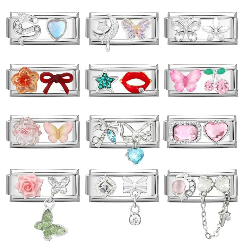 Y2K Zircon Bow Knot Water Drop Pink Zircon Doughnut Heart Italian Charm Links Fit 9MM Stainless Steel Bracelet Women DIY Making
