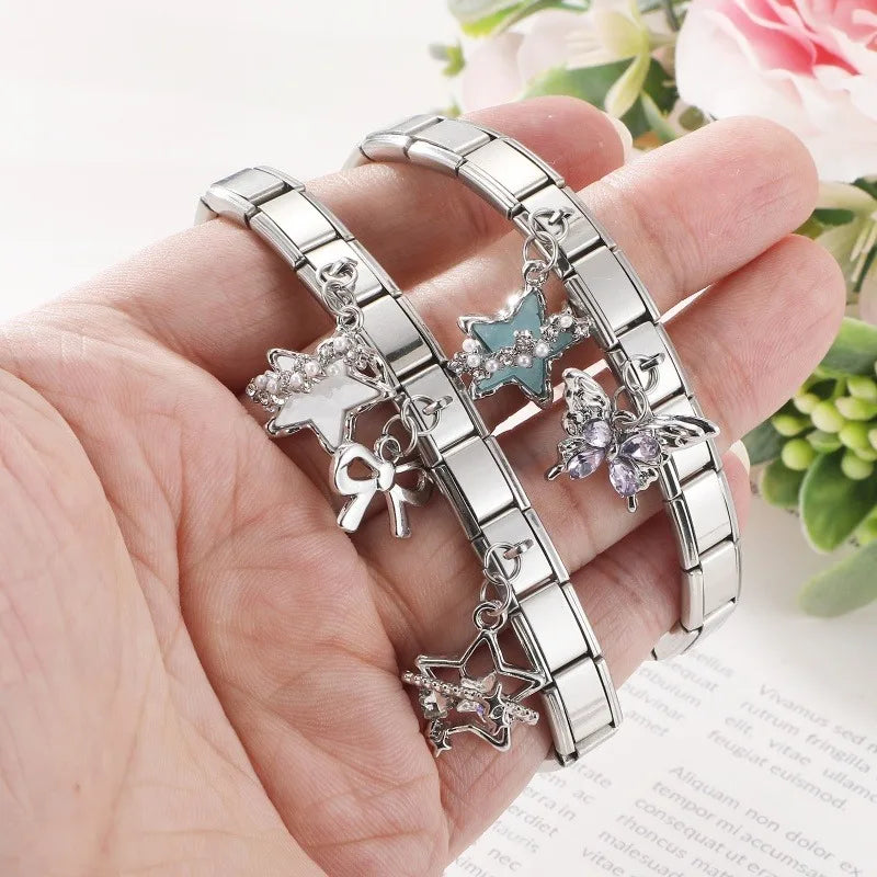 Fashion Blue Sereis Star Pearl Moon Butterfly Italian Charm Links Fit 9mm Stainless Steel Bracelet Women Jewelry DIY Making Gift