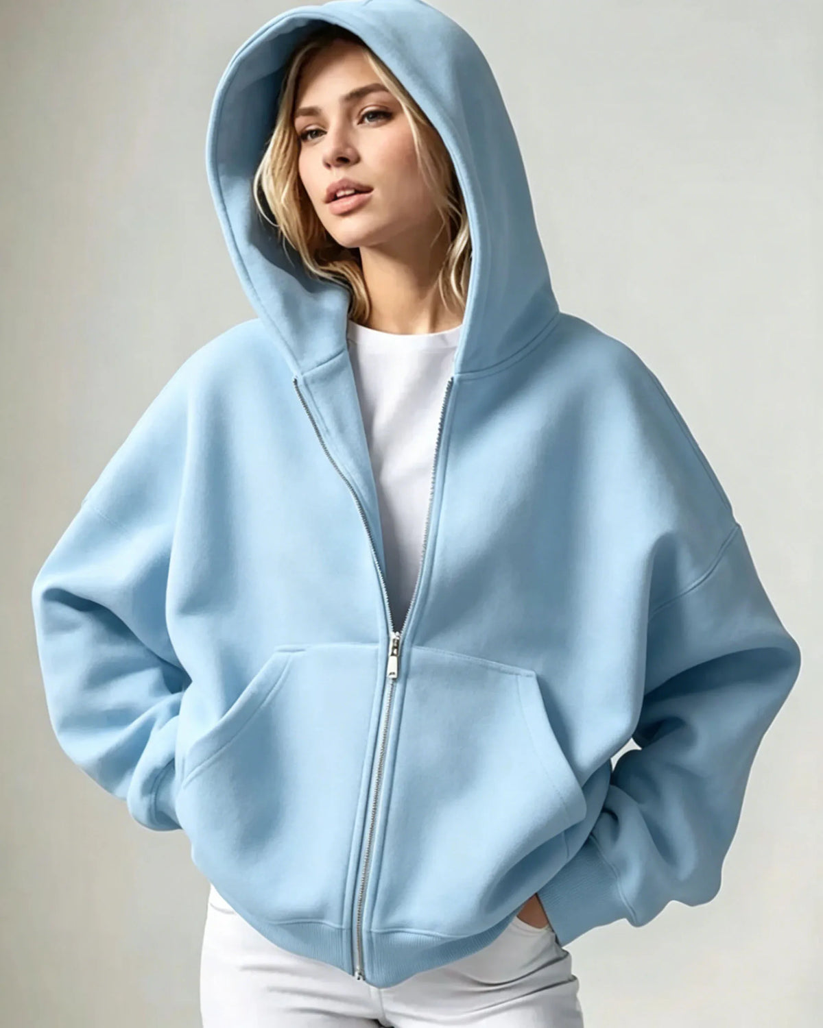 2026 Women Solid Full Zip Up Hoodie Casual Loose Pocket Hooded Jacket Soft Long Sleeve Sweatshirt Autumn Winter Couple Outerwear