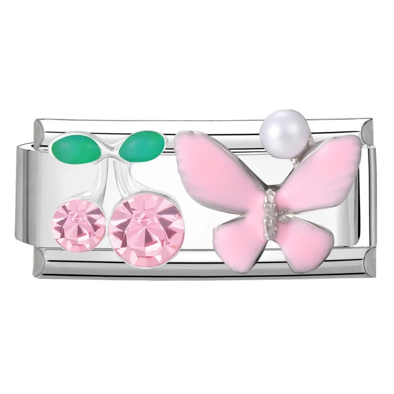 Y2K Zircon Bow Knot Water Drop Pink Zircon Doughnut Heart Italian Charm Links Fit 9MM Stainless Steel Bracelet Women DIY Making
