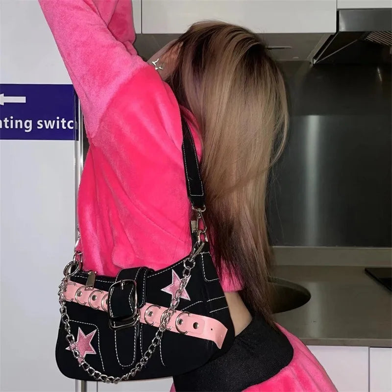 Fashion Women's Handbags Denim Stars Pattern Cool Girls Y2K Underarm Bag Canvas Female Small Shoulder Bags Chain Tote Bag Ins