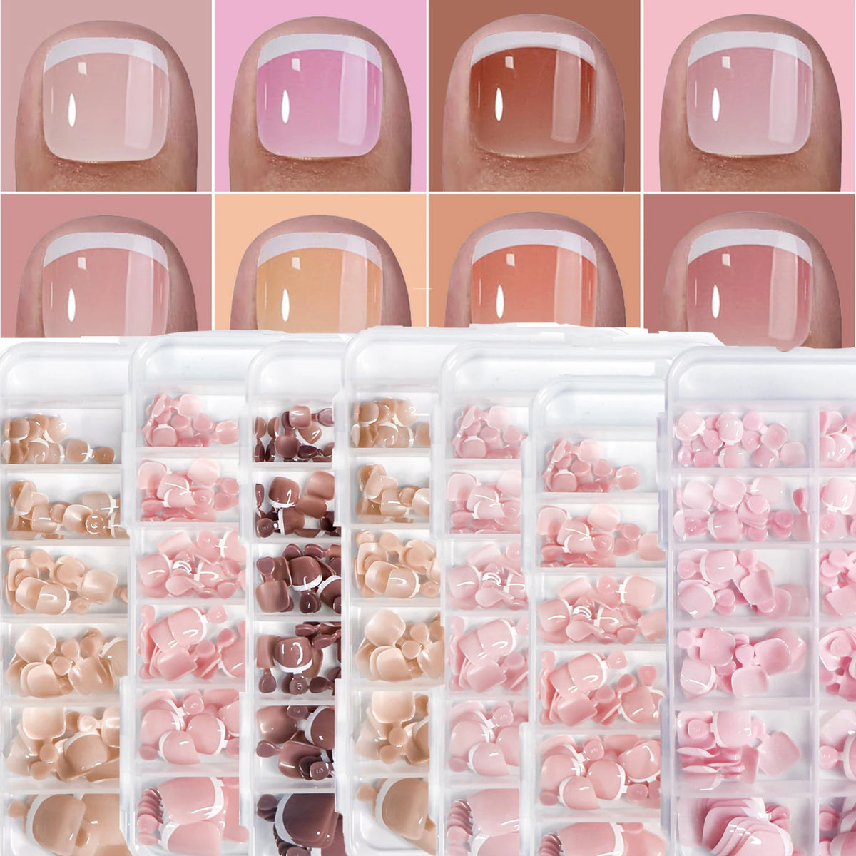 120Pcs Glossy Nude Pink French Press-On-Toenail Set 1*Box Short French Square  Fake Toe Nails Solid-Color Manicure Toenails Tips