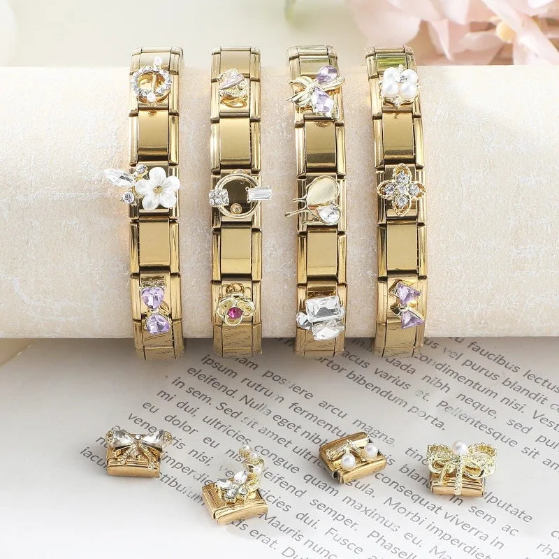 Premium Gold Color Zircon Bowknot Italian Charm Bracelet Stainless Steel Elastic Bracelet Link Bangle DIY Women Men Jewelry Gift
