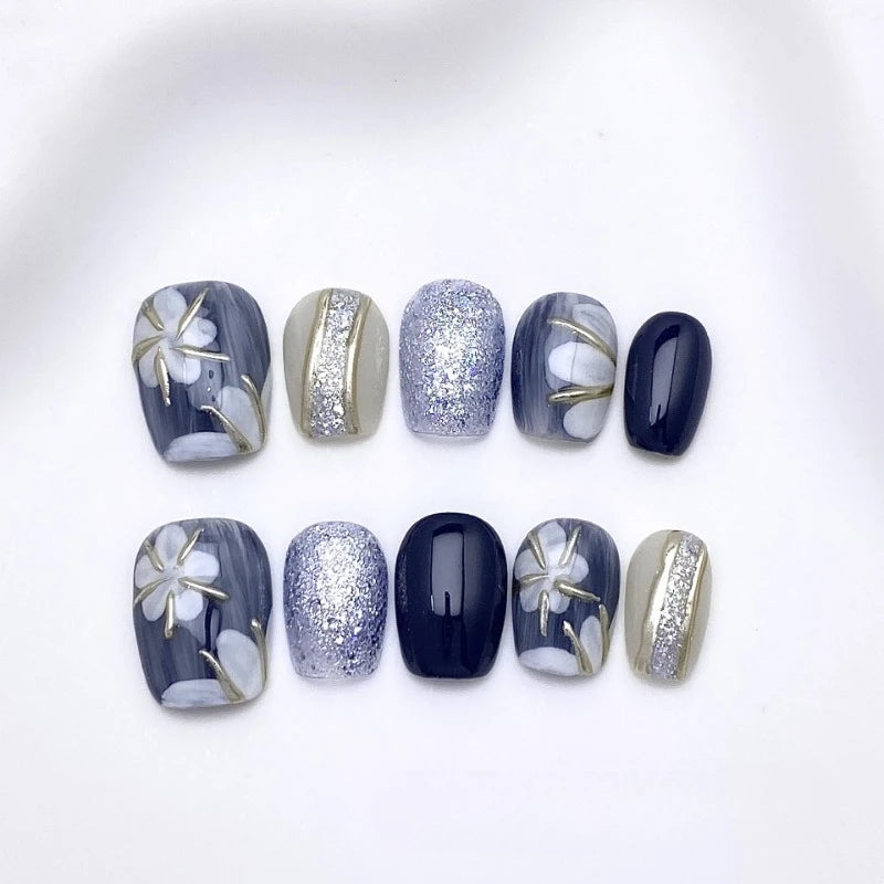 Handmade Nails Press Ons for Girls Spring Summer Self-adhesive Nail Tips Flowers Short Nails Fake Glued Nails with Box and Tools