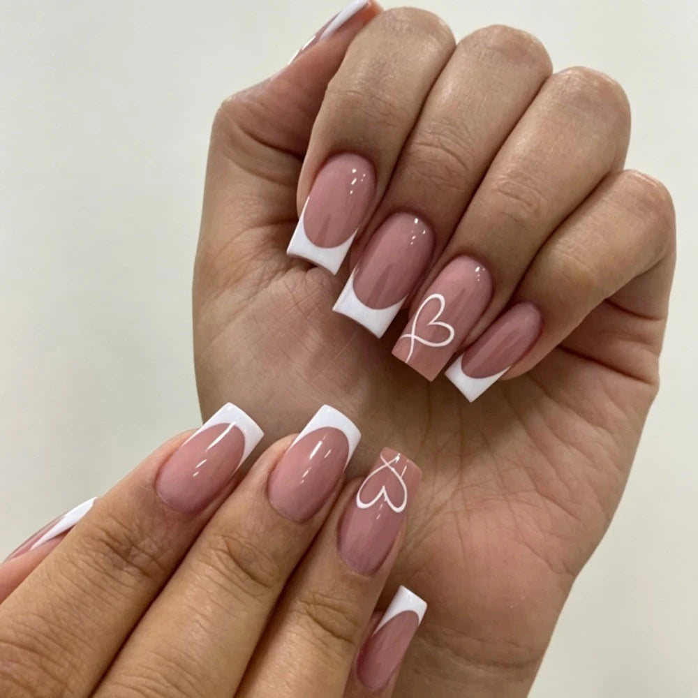 24Pcs French Tip Handmade Press On Nails Minimalist Solid Color Fake Nails Medium Square Full Cover Press On Nail Tips With Glue