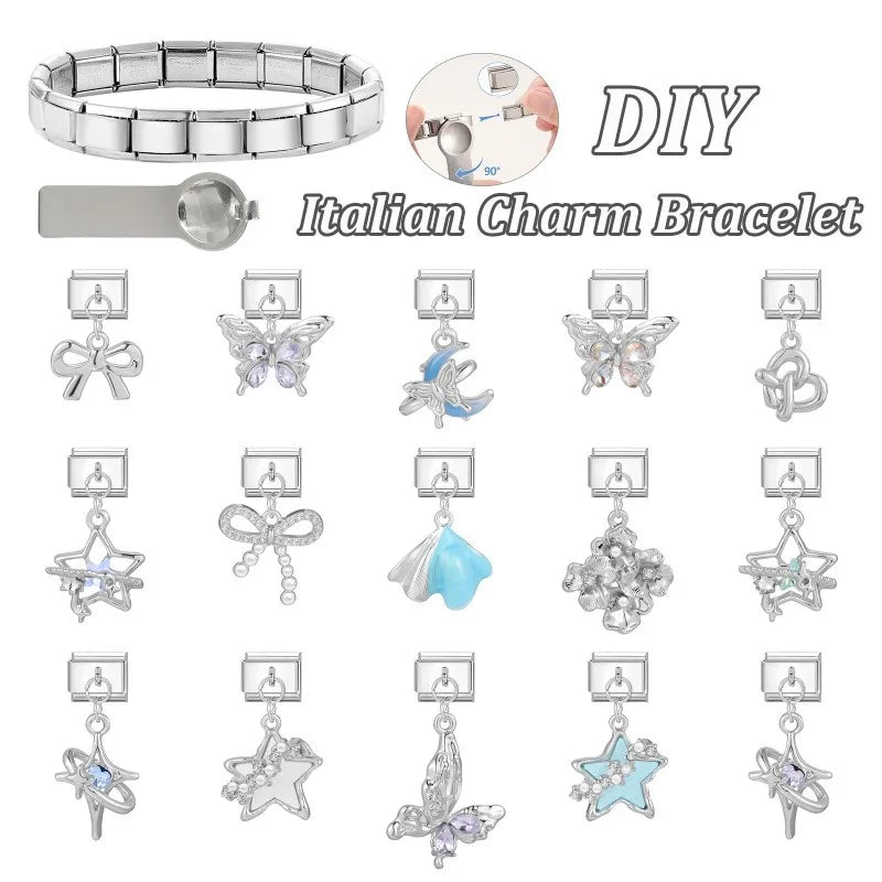Fashion Blue Sereis Star Pearl Moon Butterfly Italian Charm Links Fit 9mm Stainless Steel Bracelet Women Jewelry DIY Making Gift