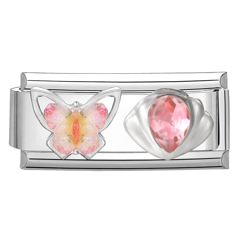 Y2K Zircon Bow Knot Water Drop Pink Zircon Doughnut Heart Italian Charm Links Fit 9MM Stainless Steel Bracelet Women DIY Making