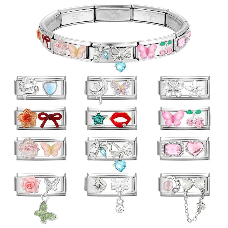 Y2K Zircon Bow Knot Water Drop Pink Zircon Doughnut Heart Italian Charm Links Fit 9MM Stainless Steel Bracelet Women DIY Making