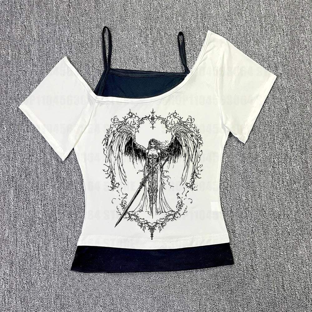 2000s Retro Goth Graphic Print Tops Harajuku Girls Clothing Y2K American style Grunge Fake two short sleeves T-shirt High Street