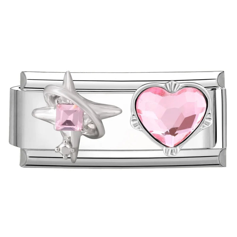 Y2K Zircon Bow Knot Water Drop Pink Zircon Doughnut Heart Italian Charm Links Fit 9MM Stainless Steel Bracelet Women DIY Making
