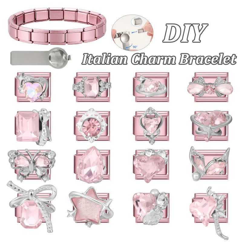 Fashion Pink Dreamy Crystal Butterfly Bow Heart Star Shell Star Charm Fit 9mm Stainless Steel Bracelet Women DIY Making Jewelry