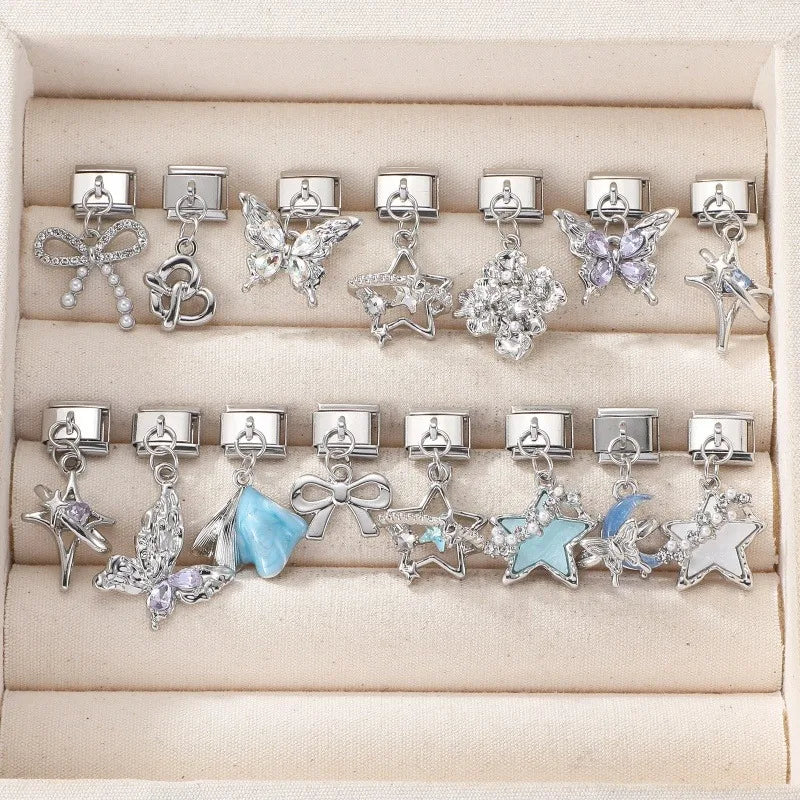 Fashion Blue Sereis Star Pearl Moon Butterfly Italian Charm Links Fit 9mm Stainless Steel Bracelet Women Jewelry DIY Making Gift