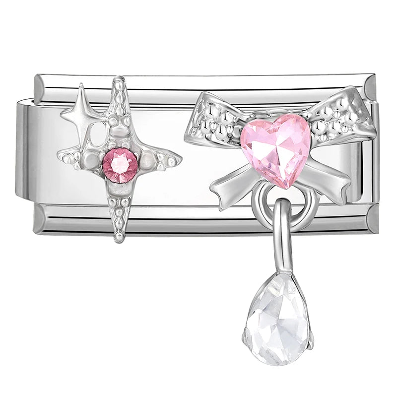 Y2K Zircon Bow Knot Water Drop Pink Zircon Doughnut Heart Italian Charm Links Fit 9MM Stainless Steel Bracelet Women DIY Making