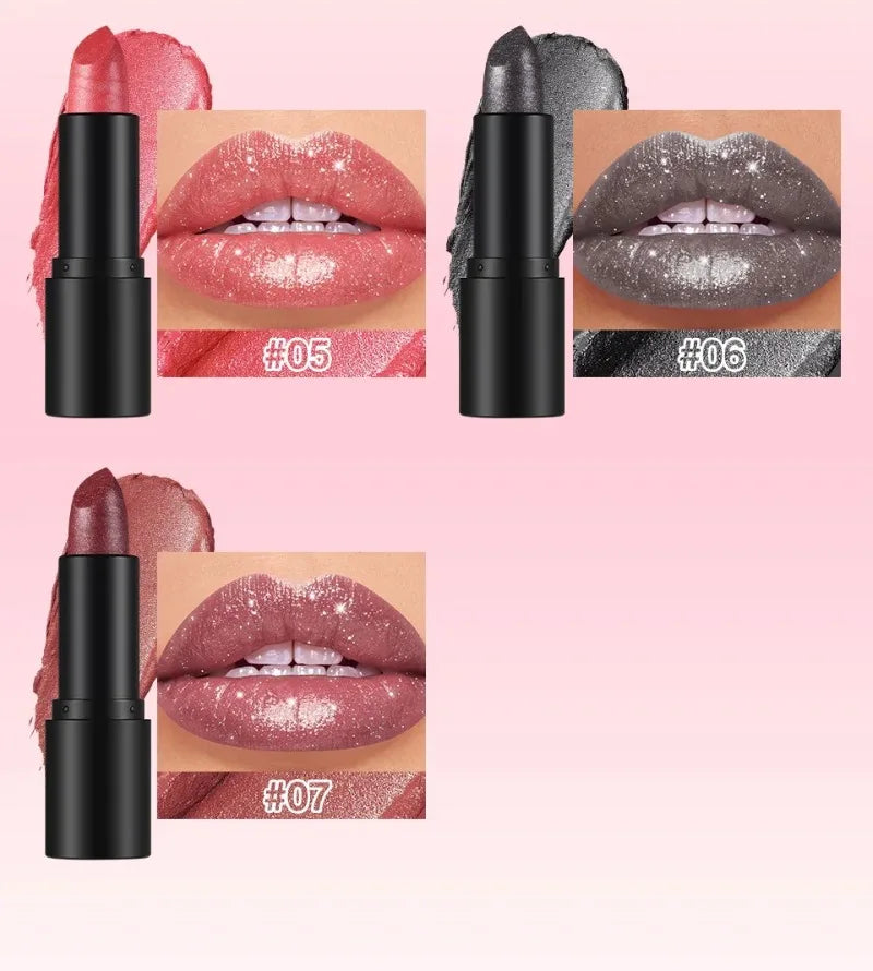 Nude Gray Metallic Lipstick Glitter Diamond Waterproof Long-Lasting Lip Gloss High Pigment Shiny Sparkling Pearl Lip Tint Makeup