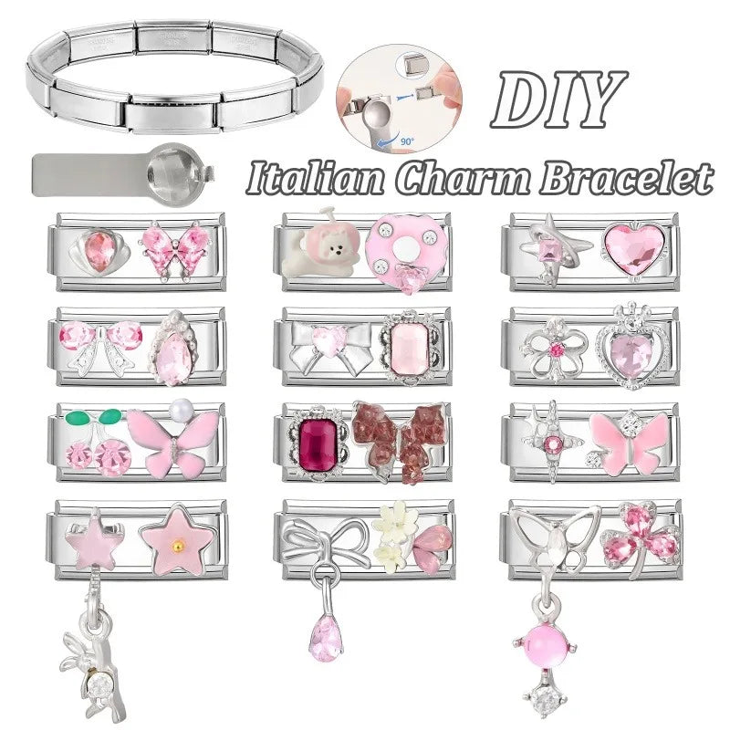 Y2K Zircon Bow Knot Water Drop Pink Zircon Doughnut Heart Italian Charm Links Fit 9MM Stainless Steel Bracelet Women DIY Making