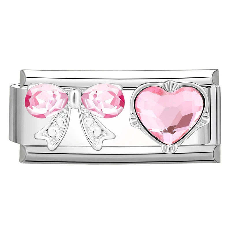 Y2K Zircon Bow Knot Water Drop Pink Zircon Doughnut Heart Italian Charm Links Fit 9MM Stainless Steel Bracelet Women DIY Making