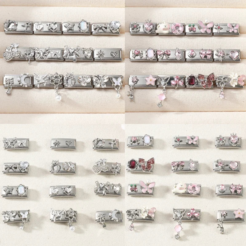 Y2K Zircon Bow Knot Water Drop Pink Zircon Doughnut Heart Italian Charm Links Fit 9MM Stainless Steel Bracelet Women DIY Making