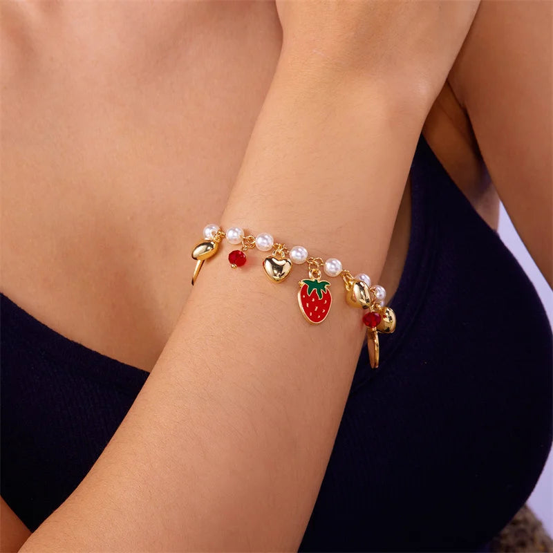 Charm Red Strawberry Bracelet For Women Cute Cherry Heart Shape Fruit Pearl Metal Chain Wristband Party Friendship Jewelry