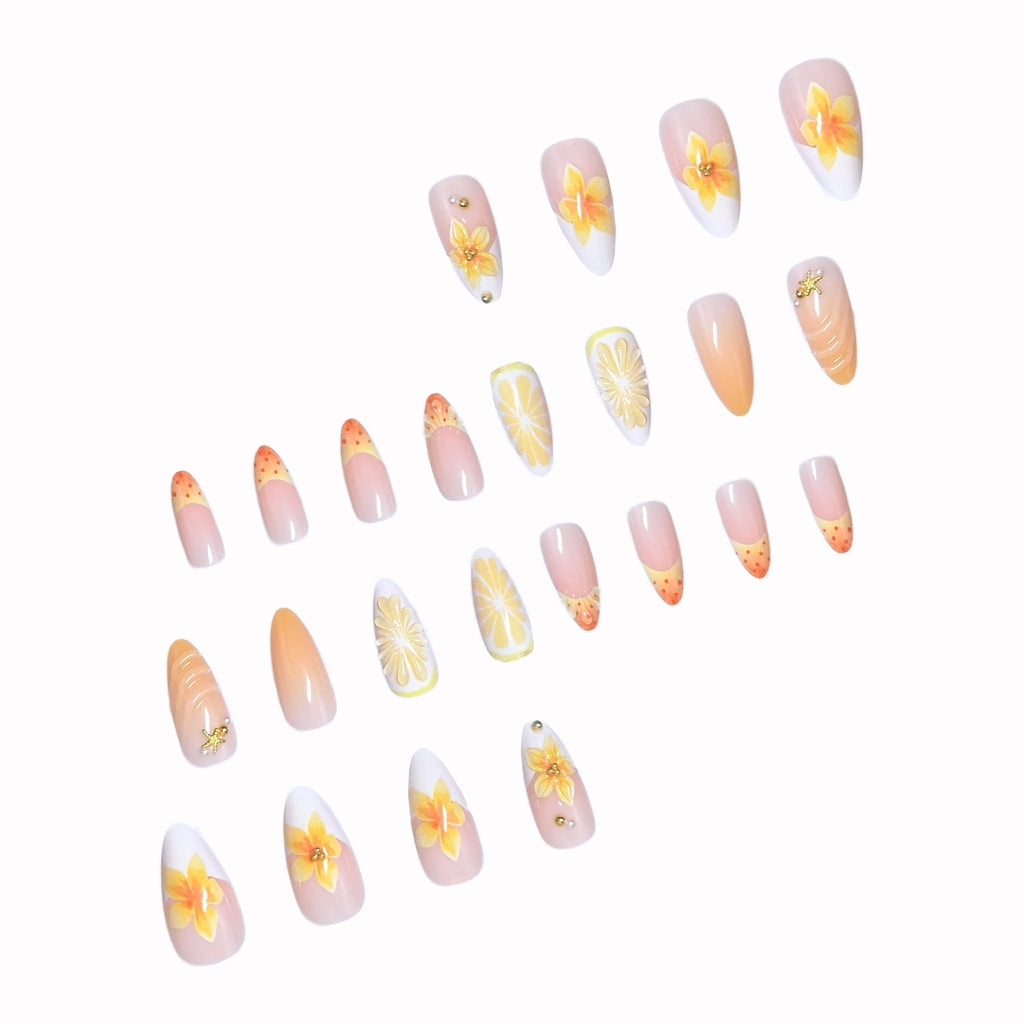 24Pcs/set French almond-shaped press-on full cover false nails in elegant ocean style, featuring 3D fresh lemon, floral smudge a