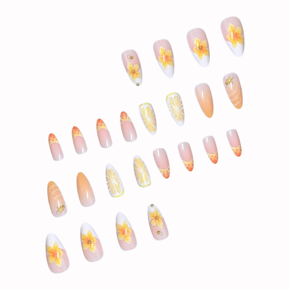 24Pcs/set French almond-shaped press-on full cover false nails in elegant ocean style, featuring 3D fresh lemon, floral smudge a