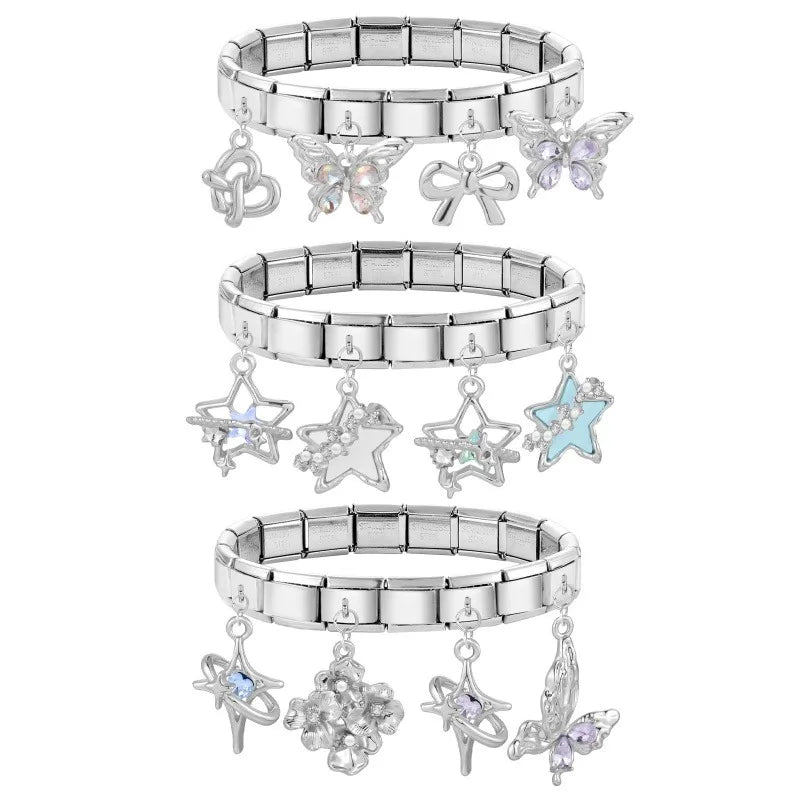 Fashion Blue Sereis Star Pearl Moon Butterfly Italian Charm Links Fit 9mm Stainless Steel Bracelet Women Jewelry DIY Making Gift