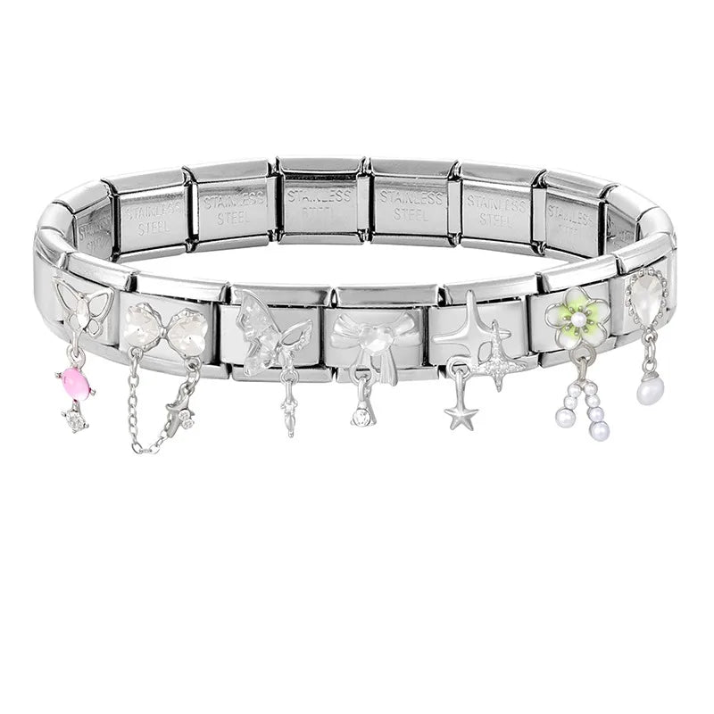 Fashion 2026 Sweet Pink Star Loveheart Pendant Italian Charm Link Fit 9mm Stainless Steel Bracelet Women DIY Making Jewelry Gift