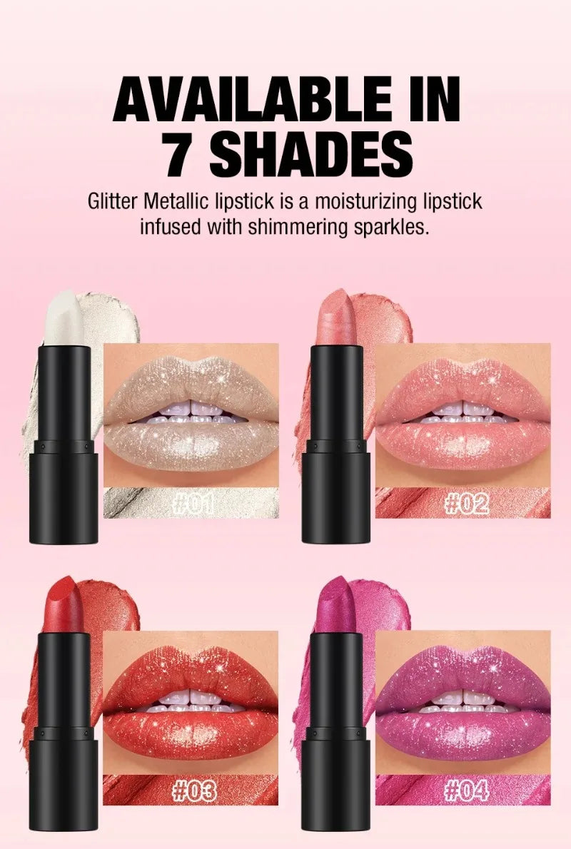 Nude Gray Metallic Lipstick Glitter Diamond Waterproof Long-Lasting Lip Gloss High Pigment Shiny Sparkling Pearl Lip Tint Makeup