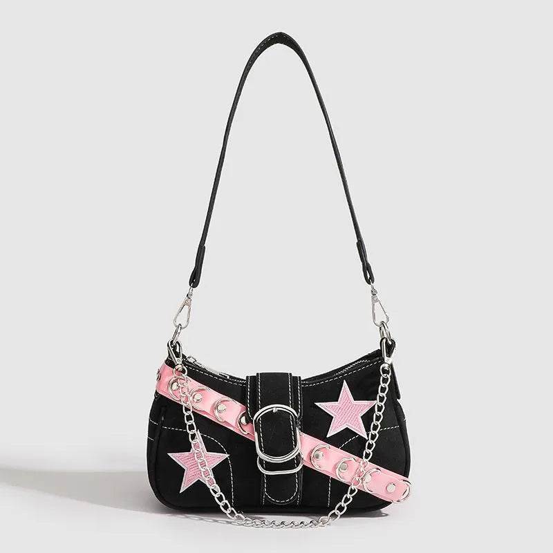 Fashion Women's Handbags Denim Stars Pattern Cool Girls Y2K Underarm Bag Canvas Female Small Shoulder Bags Chain Tote Bag Ins