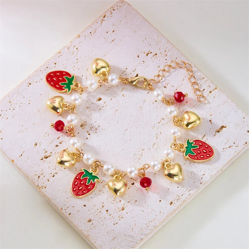 Charm Red Strawberry Bracelet For Women Cute Cherry Heart Shape Fruit Pearl Metal Chain Wristband Party Friendship Jewelry