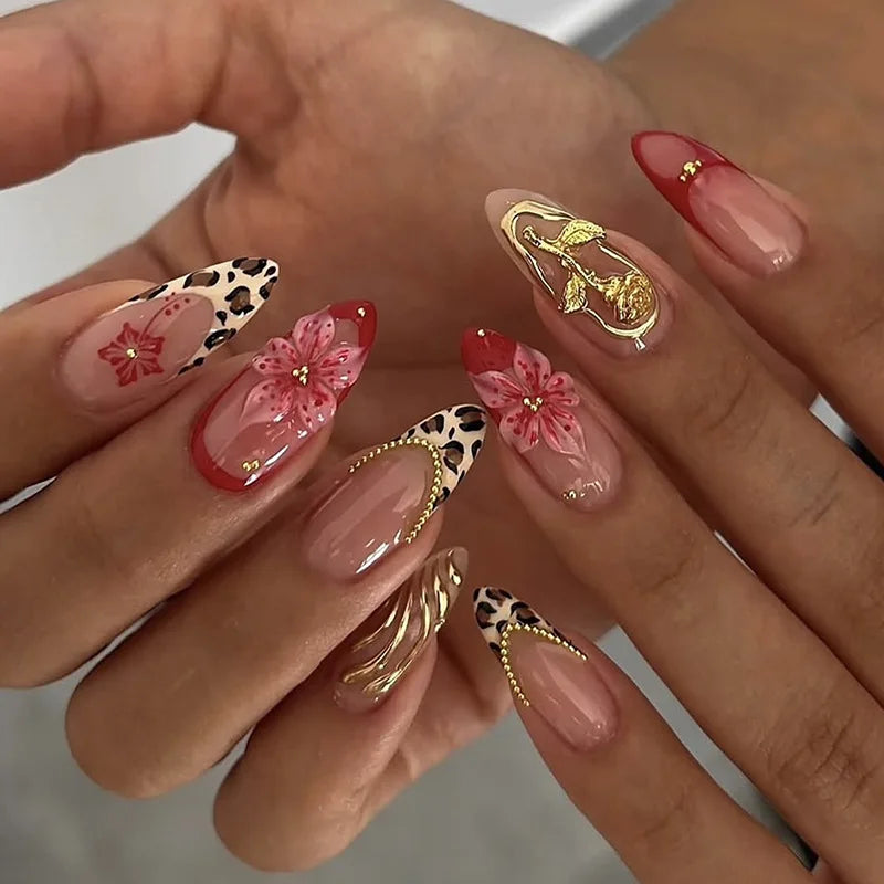 24pcs Pink Flower Almond Press on Nails Kawaii False Nails Wearable Stick-on Nails Fake Nail Uñas Postizas Накладные Ногти 네일팁
