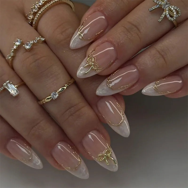 24pcs Pink Flower Almond Press on Nails Kawaii False Nails Wearable Stick-on Nails Fake Nail Uñas Postizas Накладные Ногти 네일팁