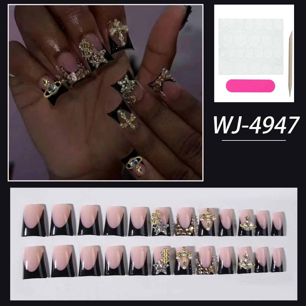 24pcs Long ducknail black French Tip Press On Nails 3D alloy cross, snake-shaped decoration with rhinestone design Fit Perfectly