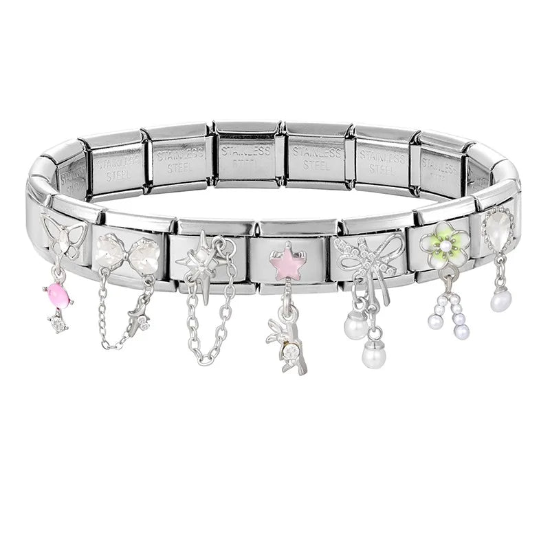 Fashion 2026 Sweet Pink Star Loveheart Pendant Italian Charm Link Fit 9mm Stainless Steel Bracelet Women DIY Making Jewelry Gift