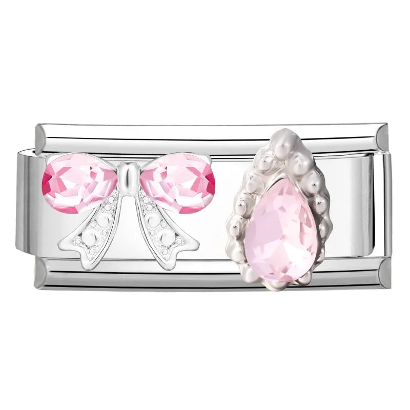 Y2K Zircon Bow Knot Water Drop Pink Zircon Doughnut Heart Italian Charm Links Fit 9MM Stainless Steel Bracelet Women DIY Making