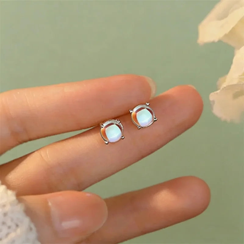 Huitan Dainty Crystal Imitation Opal Stud Earrings for Women Silver Color Exquisite Daily Wear Female Ear Stud Statement Jewelry