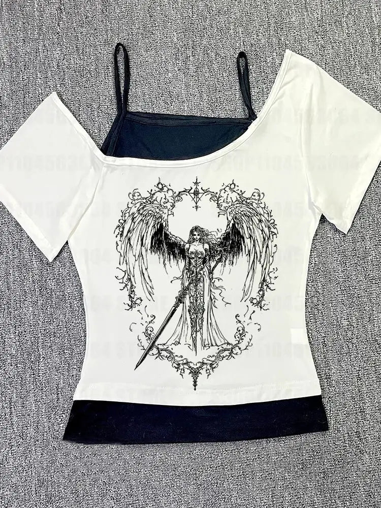 2000s Retro Goth Graphic Print Tops Harajuku Girls Clothing Y2K American style Grunge Fake two short sleeves T-shirt High Street